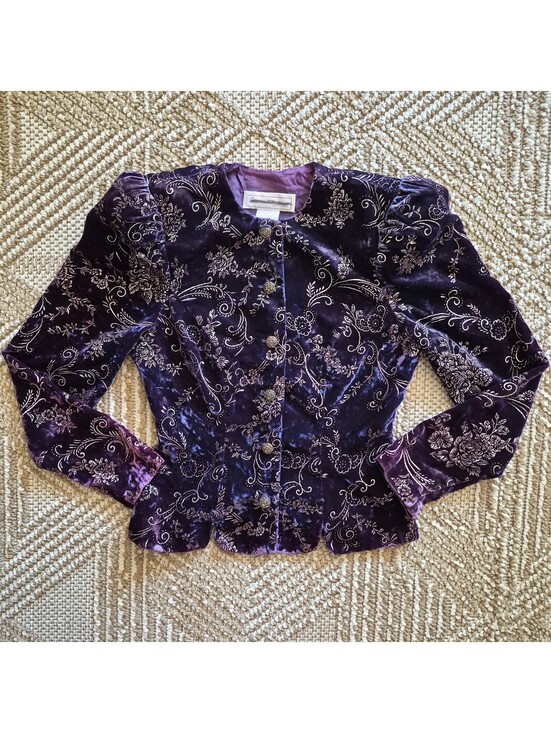 Scott McClintock Jackets & Blazers - VTG 80s Purple Velvet Peplum Jacket Metallic Floral Blazer Whimsigoth Gothic S